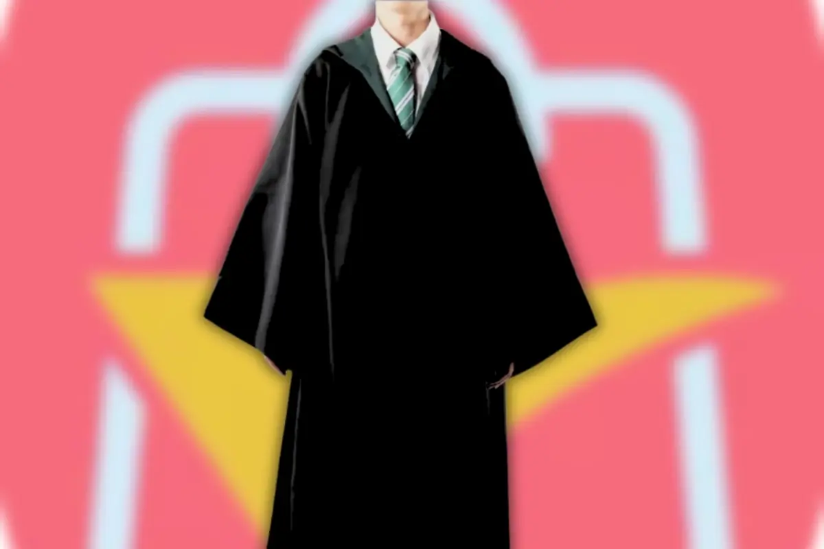 Disfraz compuesto de toga negra y corbata verde, al estilo de Harry Potter, sobre fondo rosa con el logo desenfocado de AliExpress Disfraz compuesto de toga negra y corbata verde, al estilo de Harry Potter, sobre fondo rosa con el logo desenfocado de AliExpress