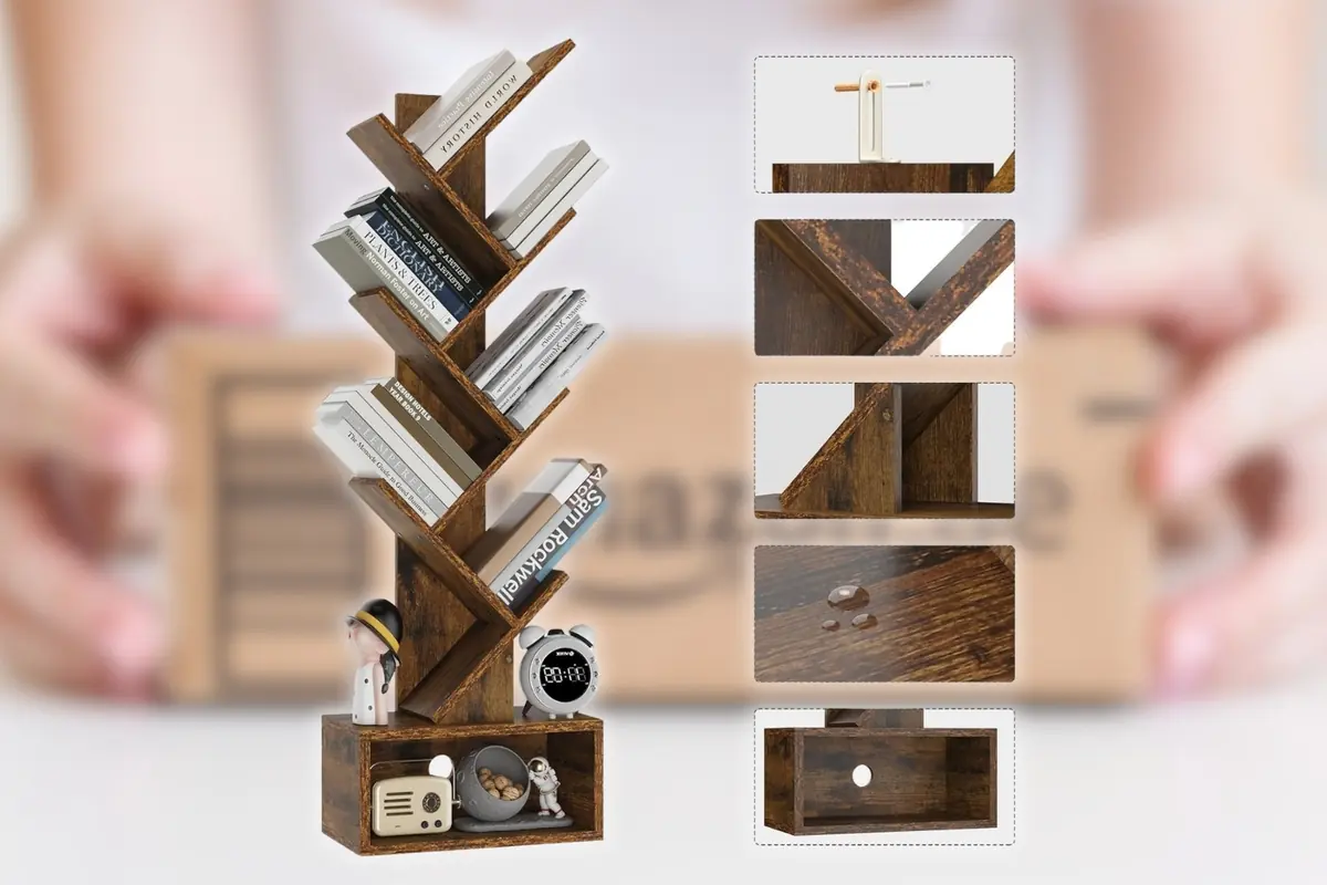 Montaje con estantería de madera en forma de árbol con libros y pequeños adornos sobre una base rectangular y detalles ampliados de su acabado y resistencia, con un fondo desenfocado