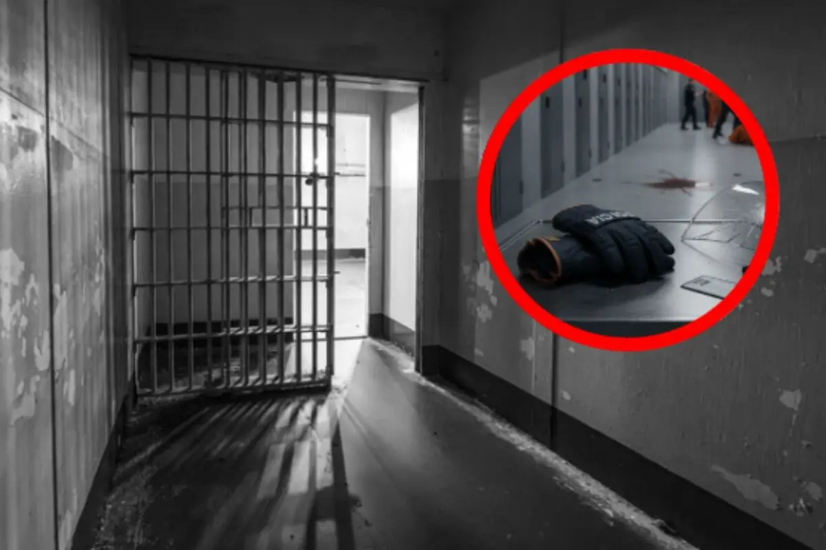 Passadís de presó en blanc i negre amb una cel·la oberta i un requadre vermell que mostra uns guants policials damunt d’una taula i una taca de sang al fons.