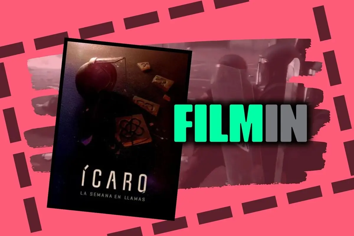 Portada de la producción 'Ícaro La semana en llamas' sobre fondo rosa con la palabra FILMIN en letras grandes verdes y grises.