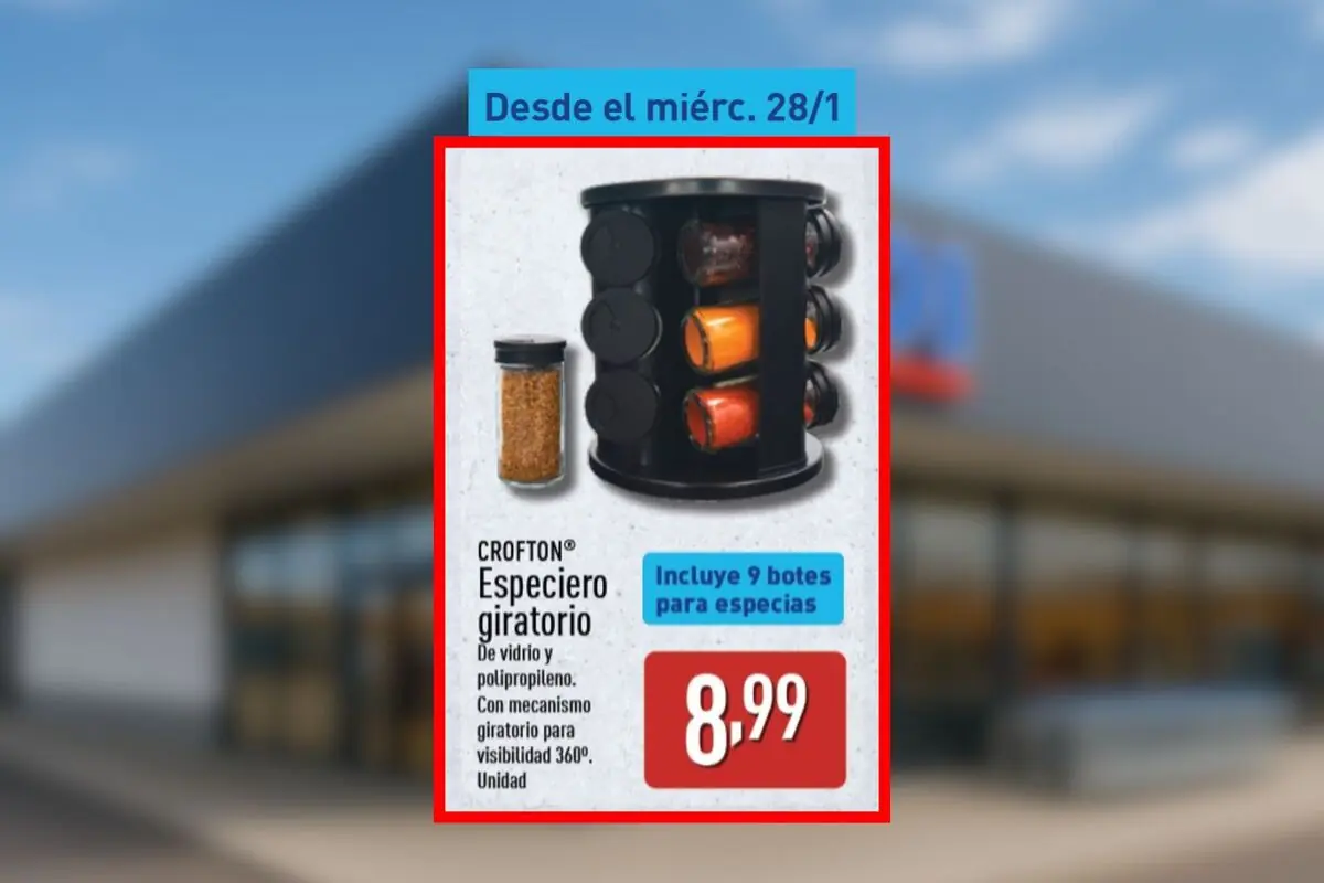 Folleto de Aldi en el que se anuncia un especiero giratorio Crofton con nueve botes para especias por 8,99 euros disponible desde el miércoles, 28 de enero. Folleto de Aldi en el que se anuncia un especiero giratorio Crofton con nueve botes para especias por 8,99 euros disponible desde el miércoles, 28 de enero.