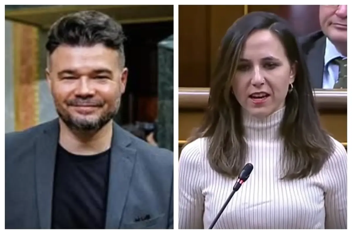Montaje de fotos de Gabriel Rufián e Ione Belarra hablando frente a un micrófono en un entorno institucional. Montaje de fotos de Gabriel Rufián e Ione Belarra hablando frente a un micrófono en un entorno institucional.