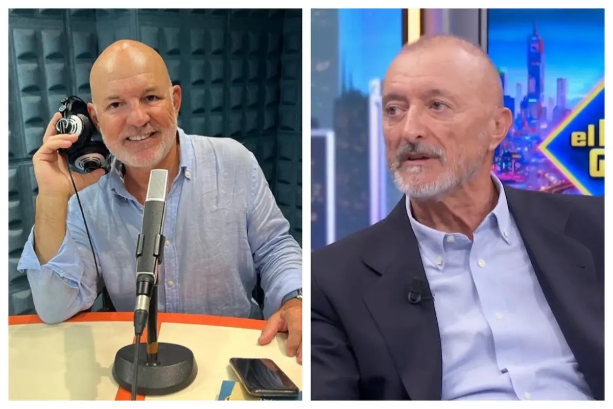 Muntatge de fotos de Jesús Vigorra i d’Arturo Pérez-Reverte, l’un en un estudi de ràdio amb micròfon i auriculars i l’altre en un plató de televisió amb jaqueta fosca i camisa clara.