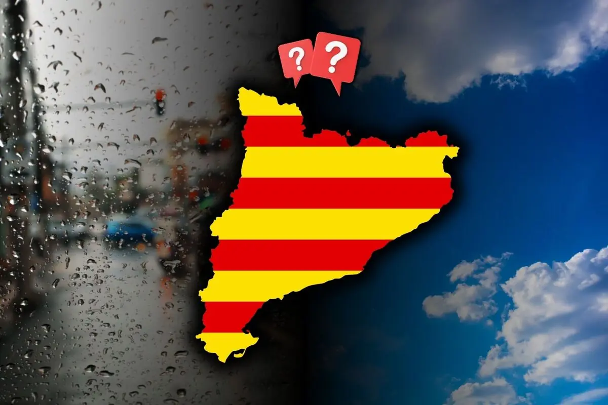 Mapa de Catalunya amb franges vermelles i grogues sobre un fons dividit entre pluja i cel serè amb núvols i dos icones de interrogació a la part superior.