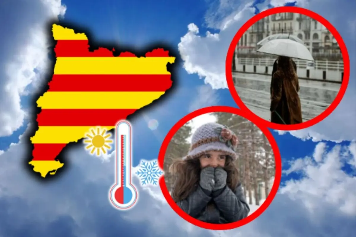 Mapa de Cataluña con iconos de sol, termómetro y copo de nieve junto a fotos de una mujer con paraguas y una niña abrigada representando cambios de tiempo.
