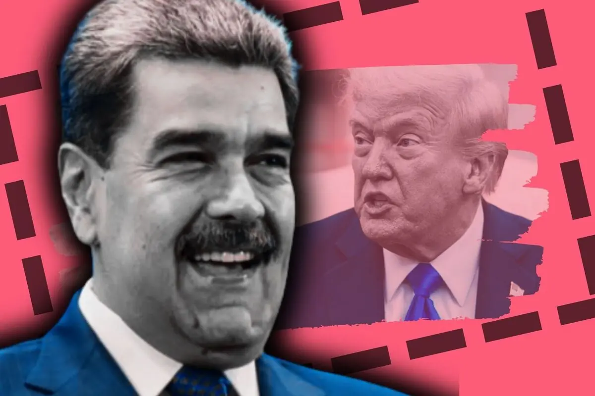 Muntatge gràfic amb el rostre somrient de Nicolás Maduro en primer pla i, al fons, una imatge de Donald Trump parlant en un requadre sobre un fons rosa amb elements geomètrics negres.