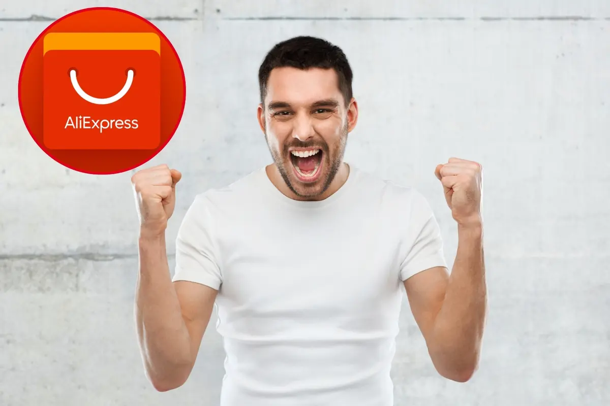 Montaje con hombre joven con camiseta blanca, celebrando emocionado, y el logotipo de AliExpress