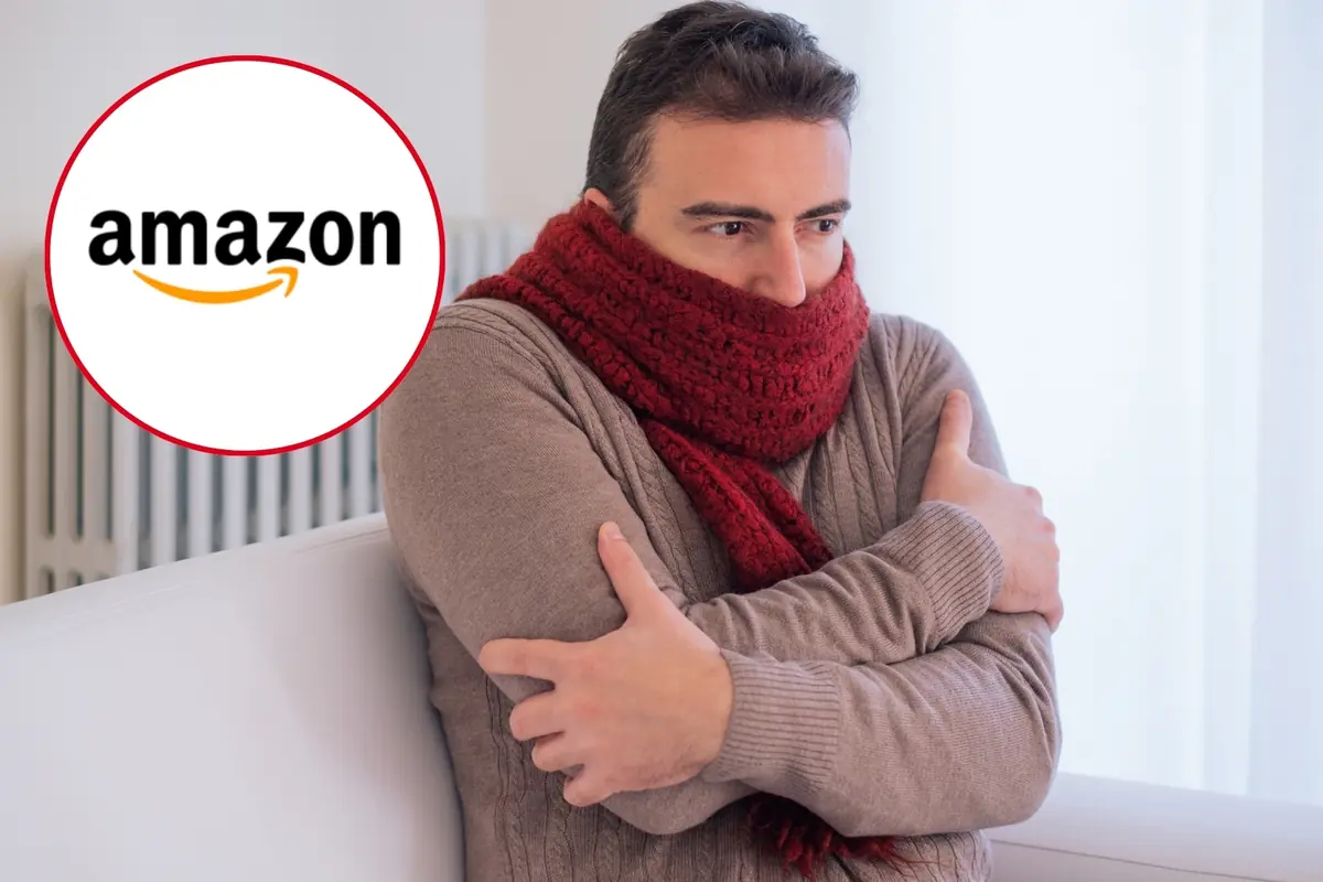Montaje con hombre con bufanda roja, tiritando de frío en casa junto a un radiador, y el logotipo de Amazon en un círculo a la izquierda