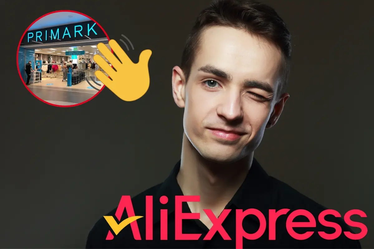 Montaje con chico joven guiñando un ojo junto al logo de AliExpress con un círculo que muestra una tienda Primark y una mano amarilla despidiéndose