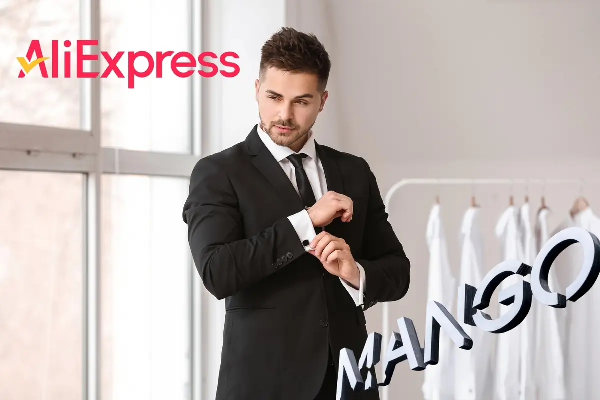 Montaje con hombre joven, con traje negro ajustándose el puño de la camisa en un showroom de ropa masculina, con logotipos de AliExpress y Mango