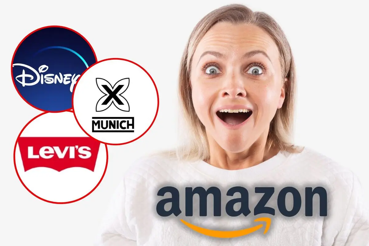 Mujer sorprendida junto a logotipos de Disney Munich Levi’s y Amazon