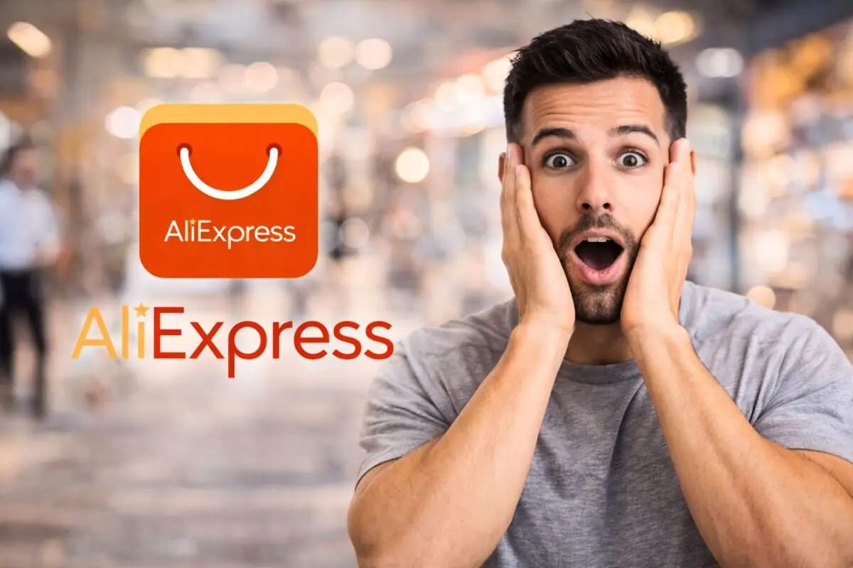 Hombre sorprendido con las manos en la cara junto al logo de AliExpress en un centro comercial desenfocado