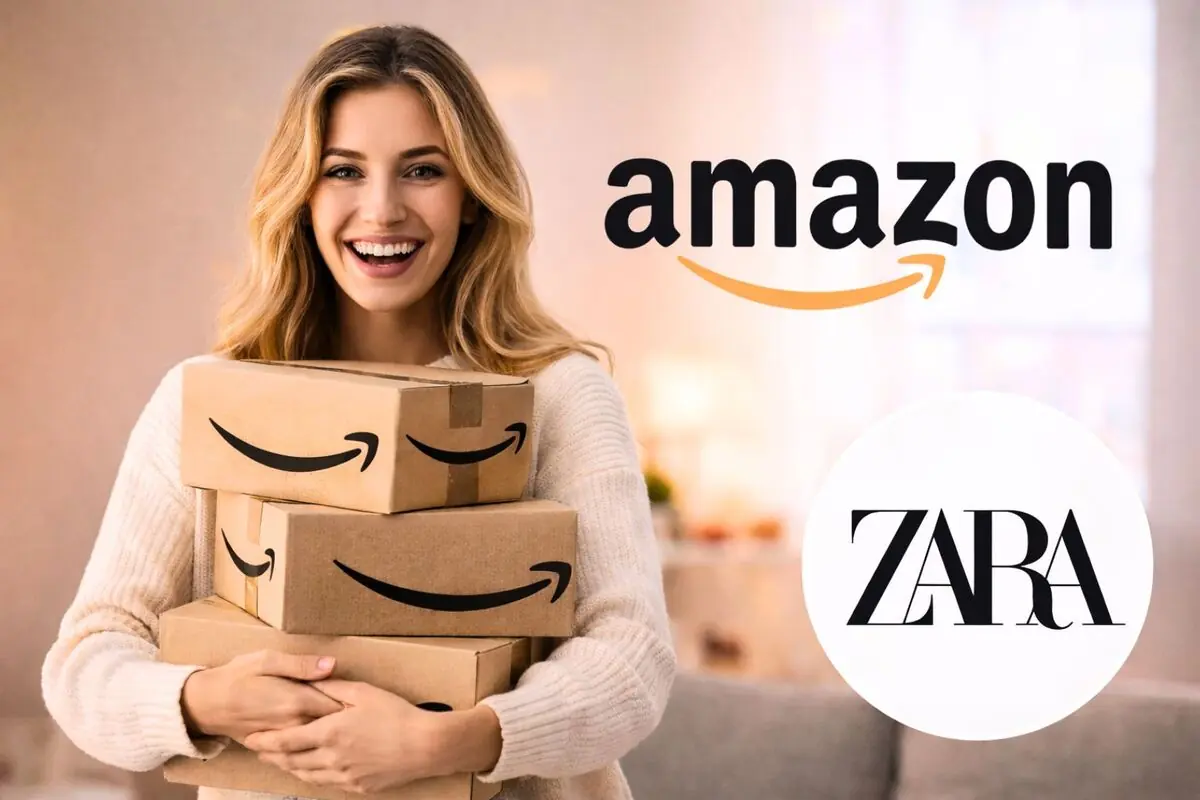 Montaje con los logos de Amazon y de Zara y una mujer cargando cajas