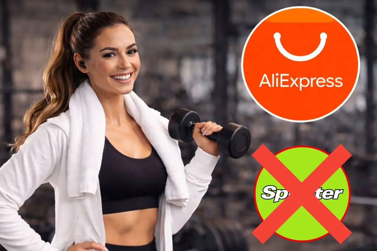 Mujer deportista sonriendo en el gimnasio con mancuerna en la mano y logos de AliExpress y Spotter con una X roja sobre Spotter