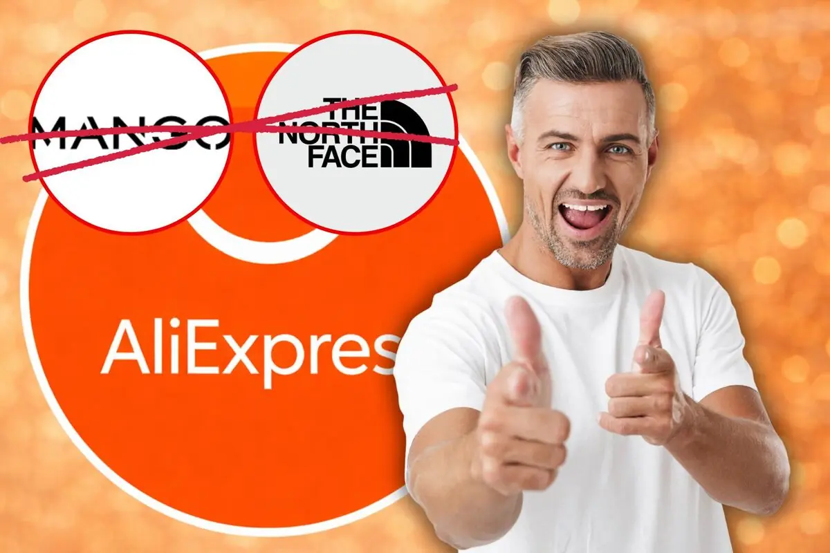 Hombre sonriente señalando con los dedos delante del logo de AliExpress con los logotipos de Mango y The North Face tachados en círculos rojos