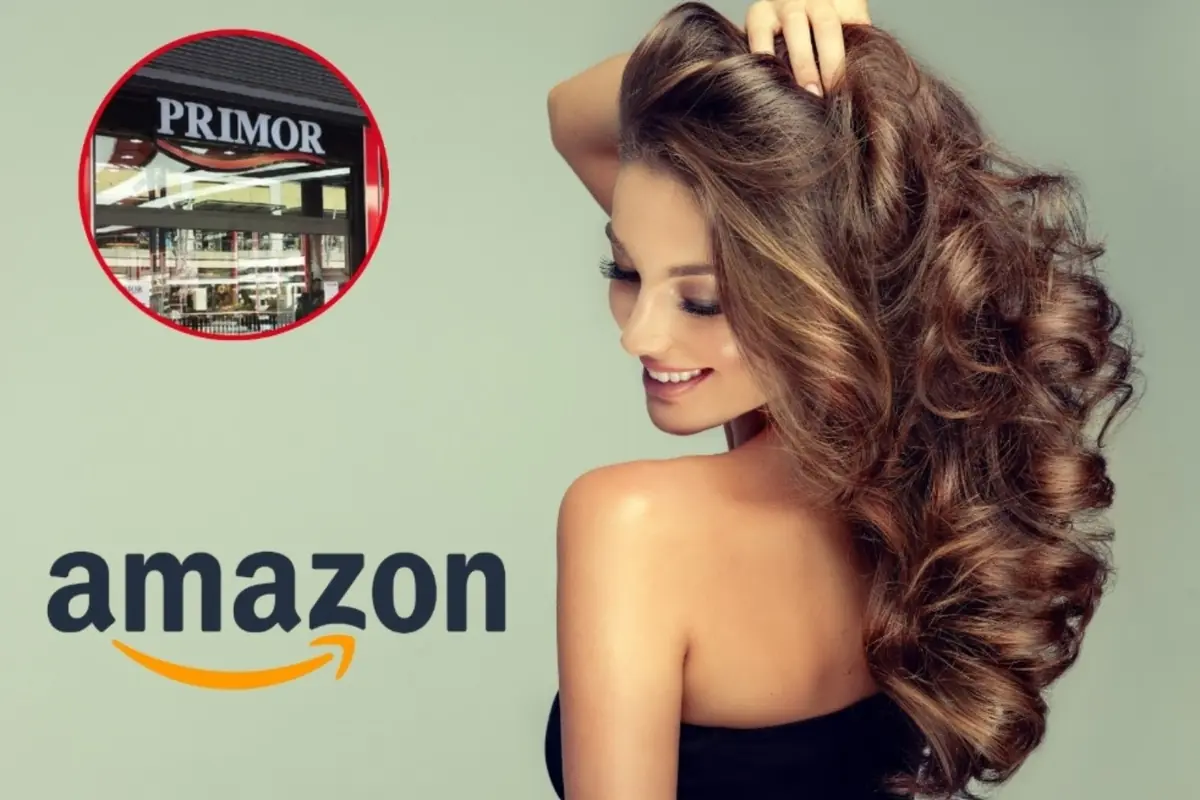 Montaje con mujer con melena larga y rizada sonriendo junto a los logotipos de Primor y Amazon sobre fondo claro