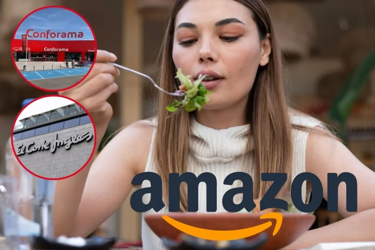 Montaje con mujer joven comiendo ensalada con los logotipos de Amazon, Conforama y El Corte Inglés superpuestos