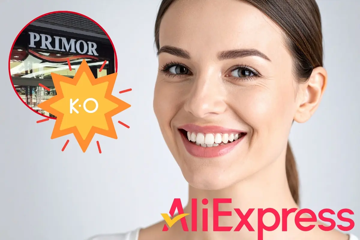 Montaje con mujer joven sonriendo en primer plano, con logotipo de AliExpress y, en un círculo, una tienda Primor junto al dibujo de las letras KO