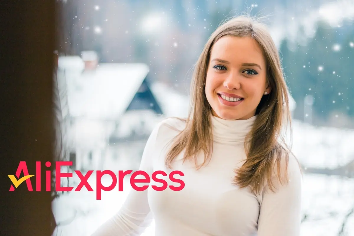 Montaje con mujer joven sonriendo, con jersey blanco frente a paisaje nevado, y el logo de AliExpress en la esquina inferior izquierda
