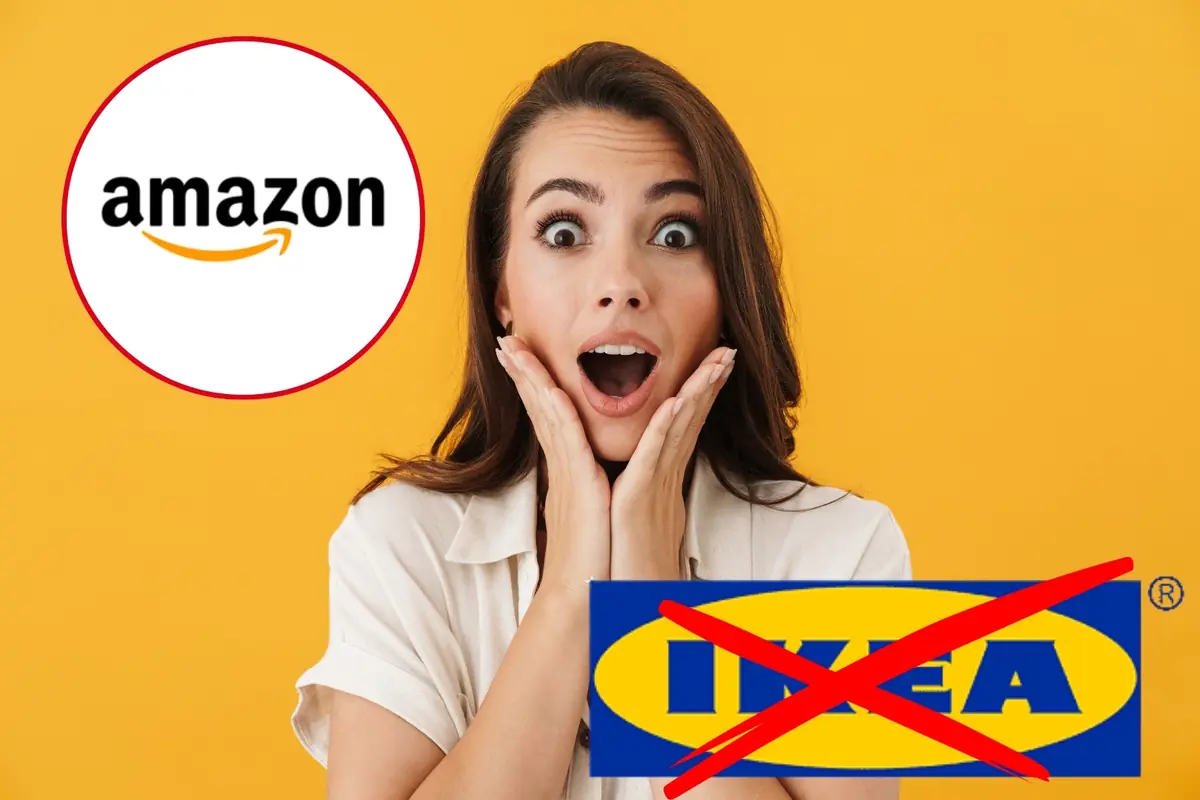 Montaje con mujer sorprendida frente a fondo amarillo con logotipo de Amazon a la izquierda y logotipo de IKEA tachado en rojo