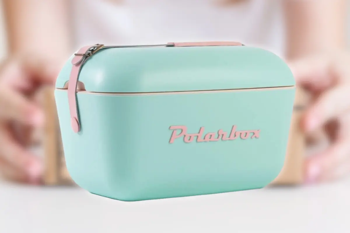 Montaje con una nevera portátil Polarbox color menta con detalles rosa y un fondo desenfocado de unas manos sosteniendo una caja Montaje con una nevera portátil Polarbox color menta con detalles rosa y un fondo desenfocado de unas manos sosteniendo una caja