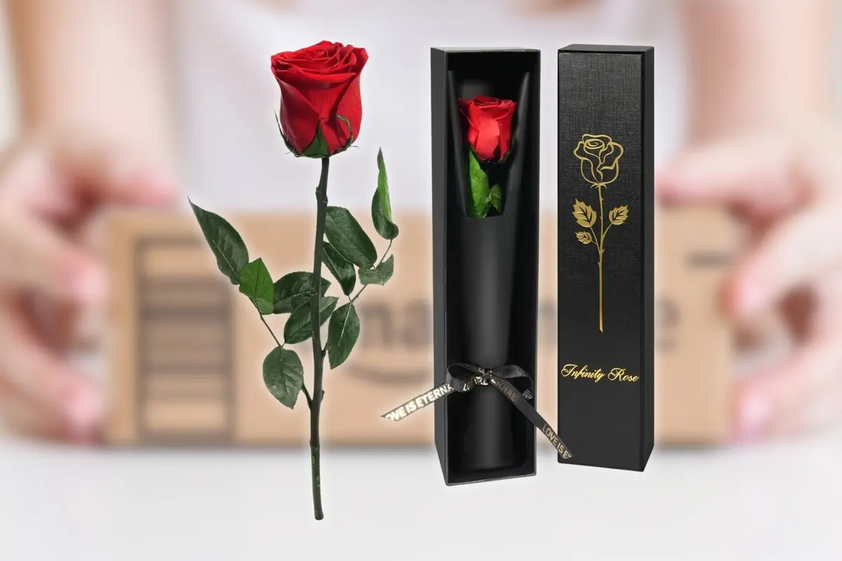 Montaje con rosa roja preservada con tallo y hojas verdes junto a una elegante caja de regalo negra vertical con diseño dorado de rosa y lazo decorativo, de fondo una caja desenfocada