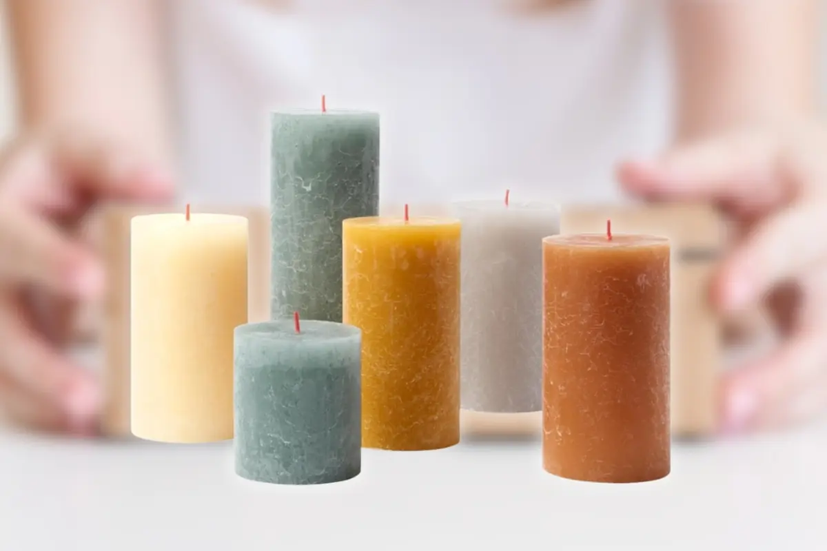 Montaje con seis velas cilíndricas de colores pastel colocadas en fila sobre una superficie blanca con unas manos desenfocadas al fondo