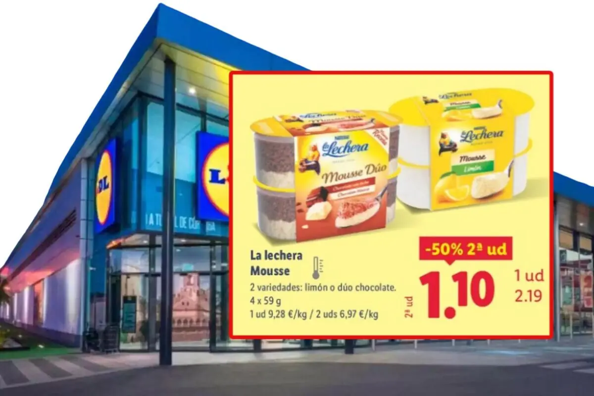 Oferta de mousse La Lechera en supermercado Lidl con envases de sabores limón y dúo chocolate y descuento del 50 por ciento en la segunda unidad