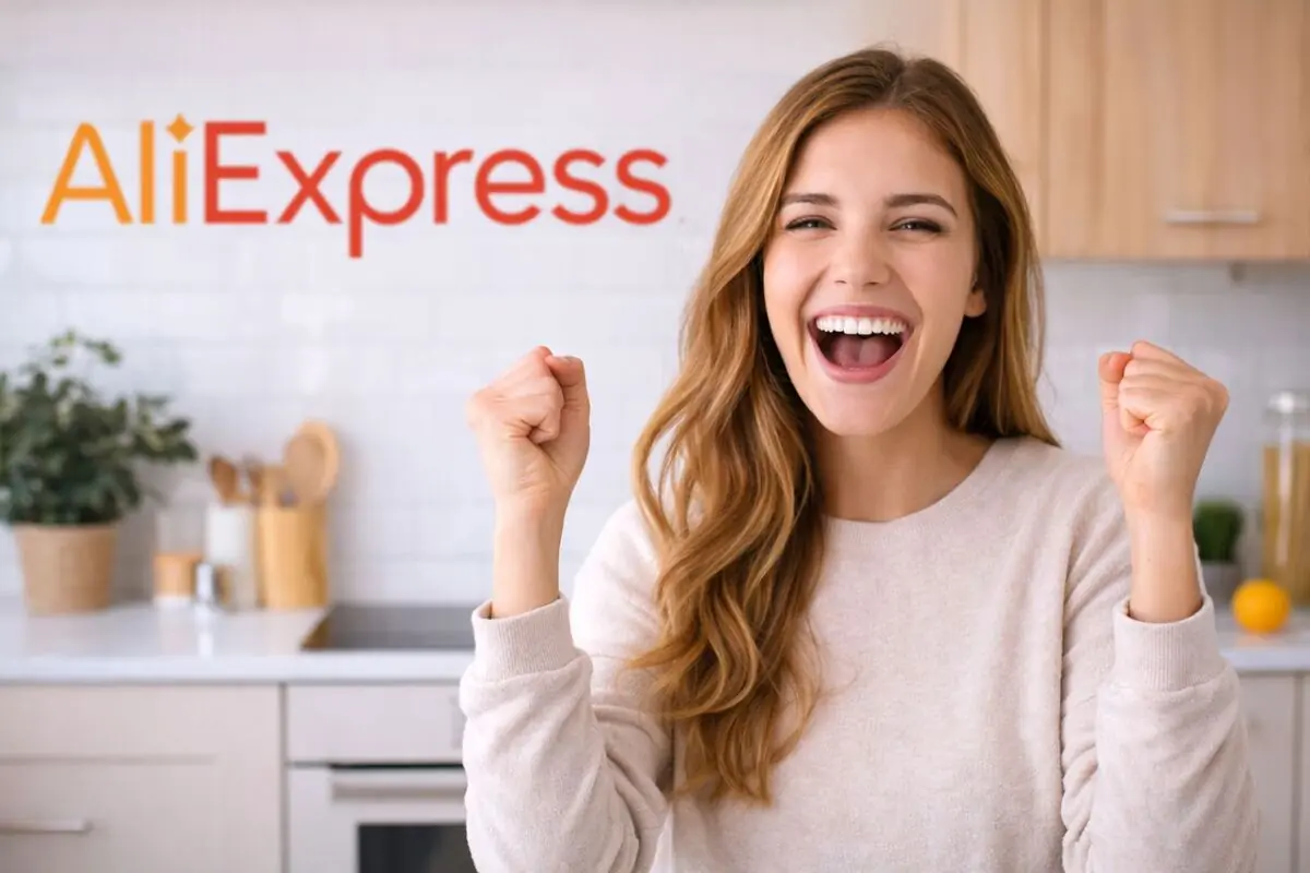 Mujer joven sonriente levantando los puños en señal de alegría frente a un logotipo de AliExpress en una cocina moderna