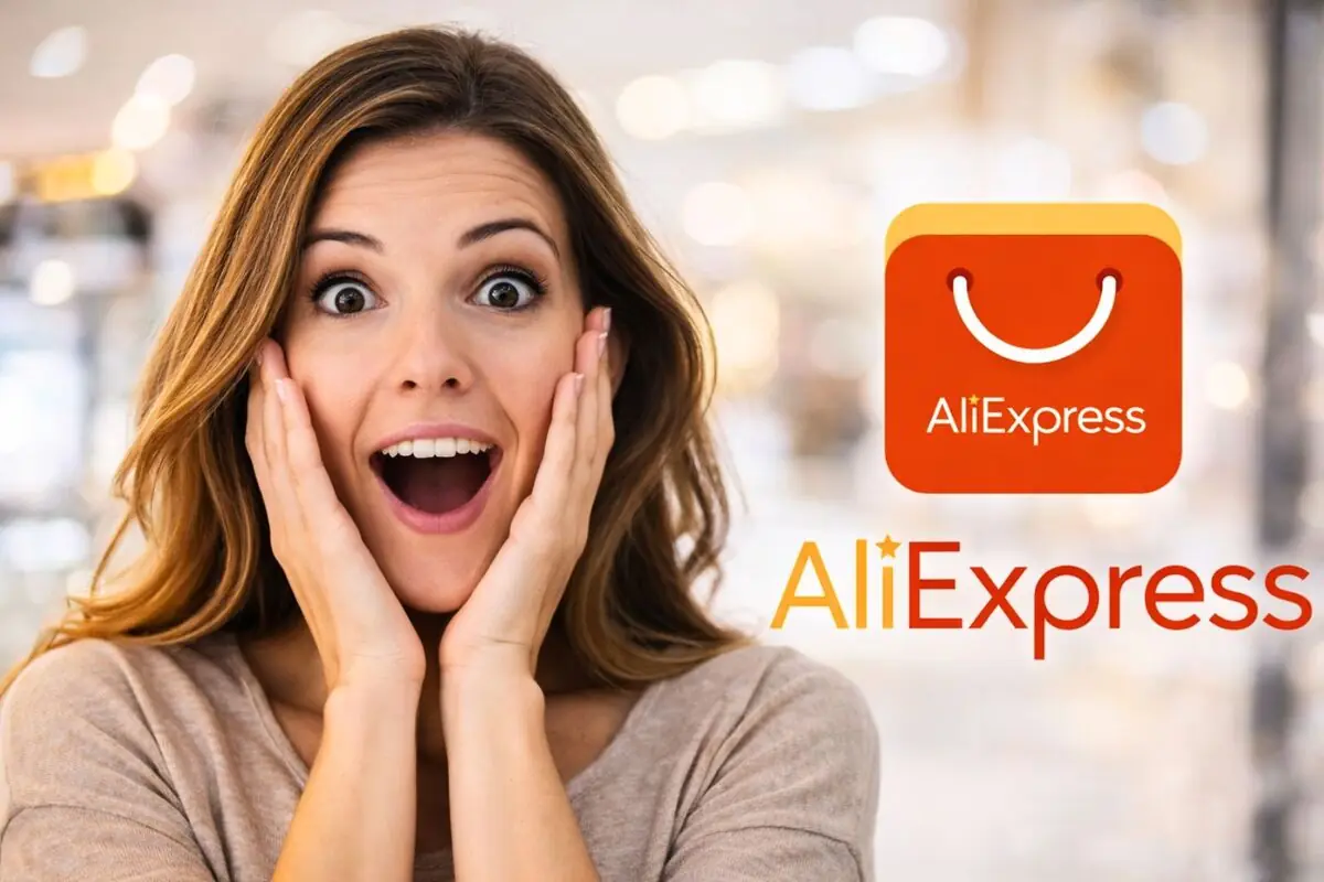 Mujer joven con expresión de sorpresa junto al logo de AliExpress en un entorno luminoso de compras
