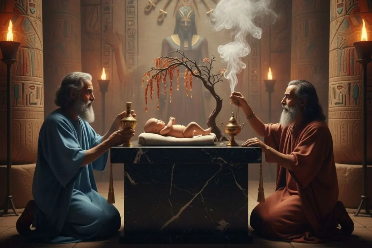 Dos ancians amb túniques realitzen un ritual amb encens i gerros d’or al voltant de Jesús estirat sobre un altar de marbre en un temple d’estil egipci il·luminat per torxes.