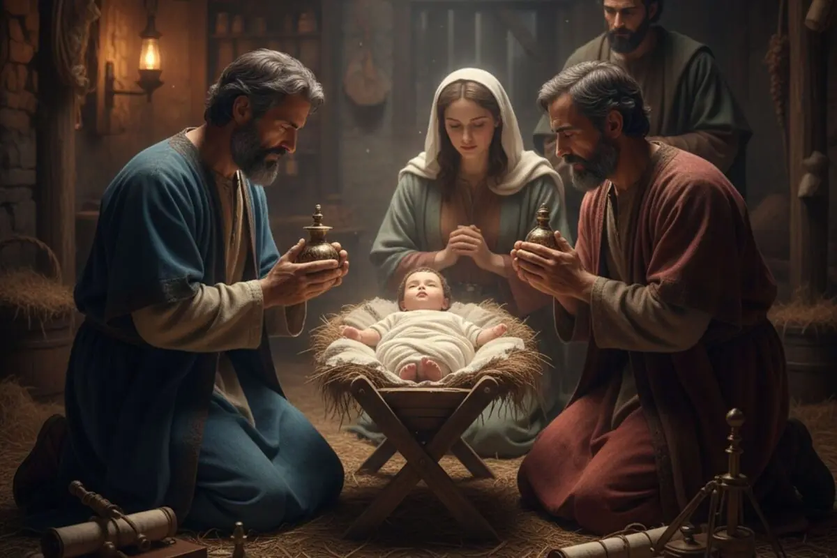 Escena del Naixement amb Jesús ajagut en un pessebre envoltat de palla mentre dos homes agenollats li ofereixen regals i una dona pregant el contempla en un estable tènuement il·luminat.