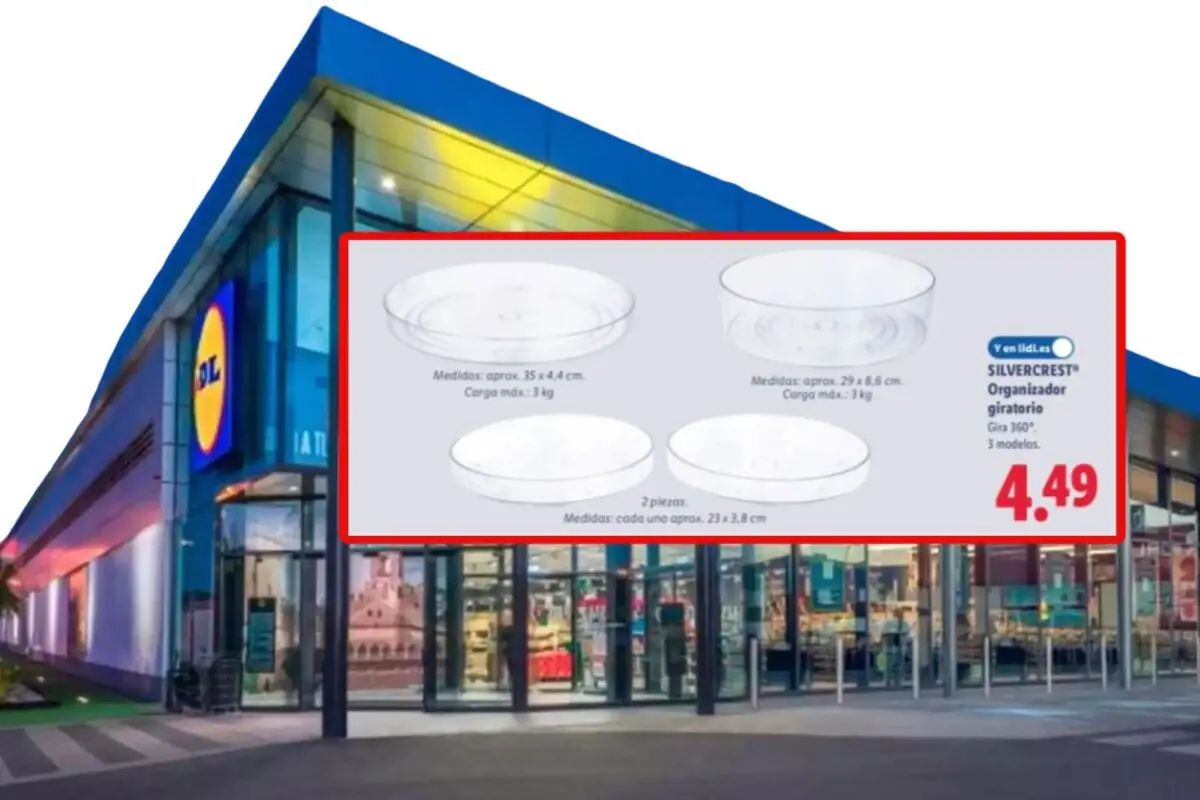 Fachada de supermercado Lidl con cartel publicitario de organizadores giratorios transparentes Silvercrest en oferta por 4,49 euros