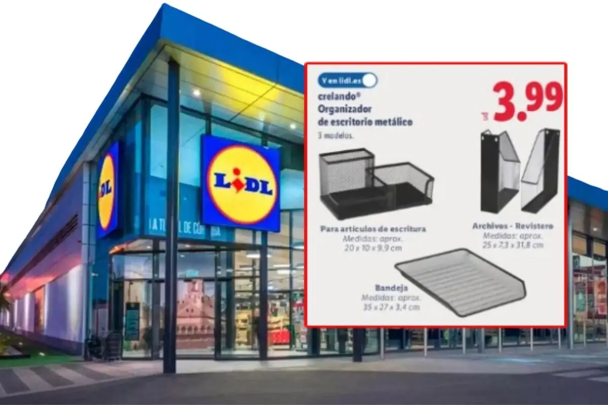 Lidl supermarket facade with an advertising box showing metal desk organizers on sale for 3.99 euros