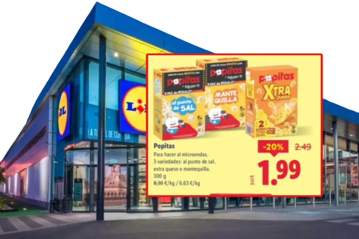 Oferta de palomitas Popitas para microondas en tres sabores con descuento del 20 por ciento a 1,99 euros frente a la entrada de un supermercado Lidl