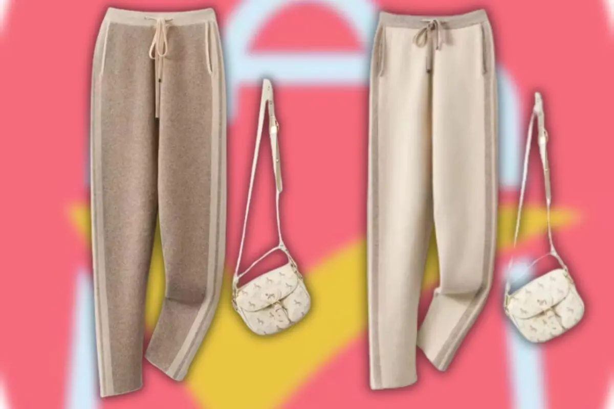 Montaje con dos pantalones de mujer, un bolso y un fondo de AliExpress