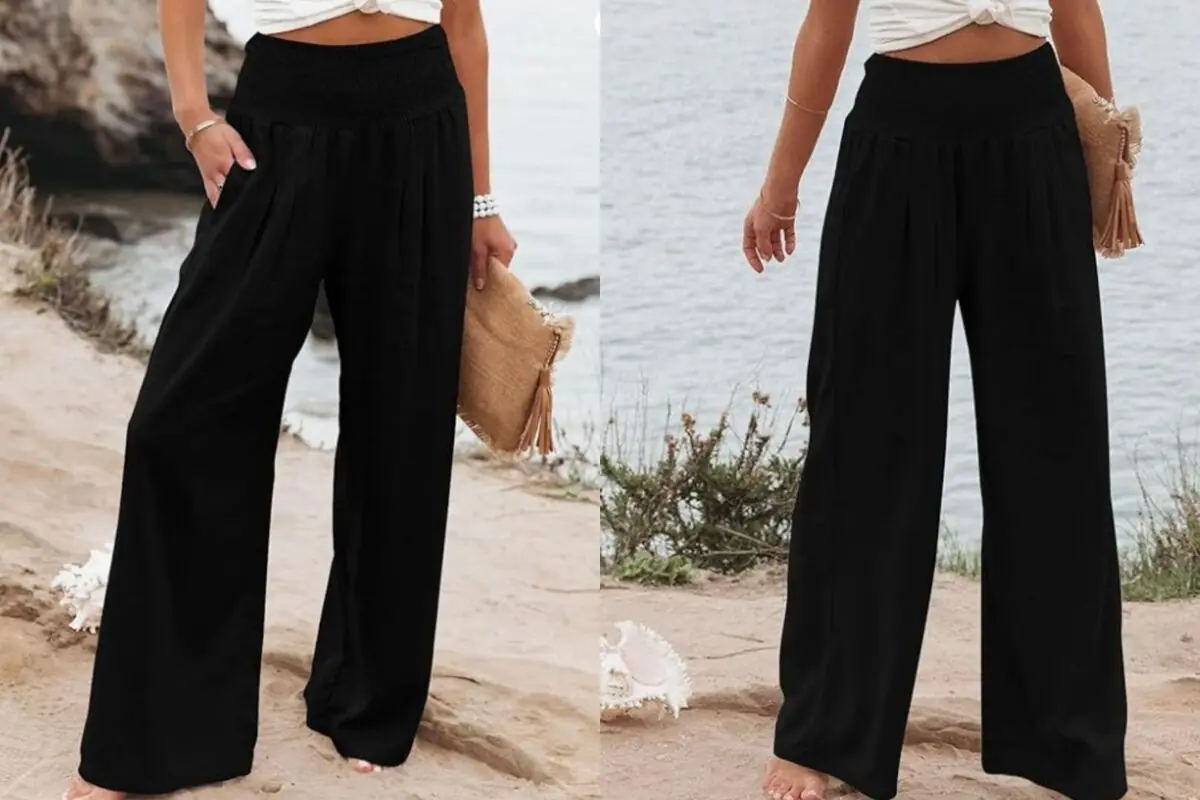 Mujer en la playa usando pantalones negros de pierna ancha y cintura alta combinados con top blanco anudado y bolso de mano de paja Mujer en la playa usando pantalones negros de pierna ancha y cintura alta combinados con top blanco anudado y bolso de mano de paja