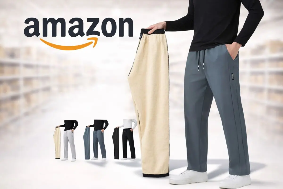 Publicidad de pantalones cómodos para hombre en varios colores con logo de Amazon al fondo