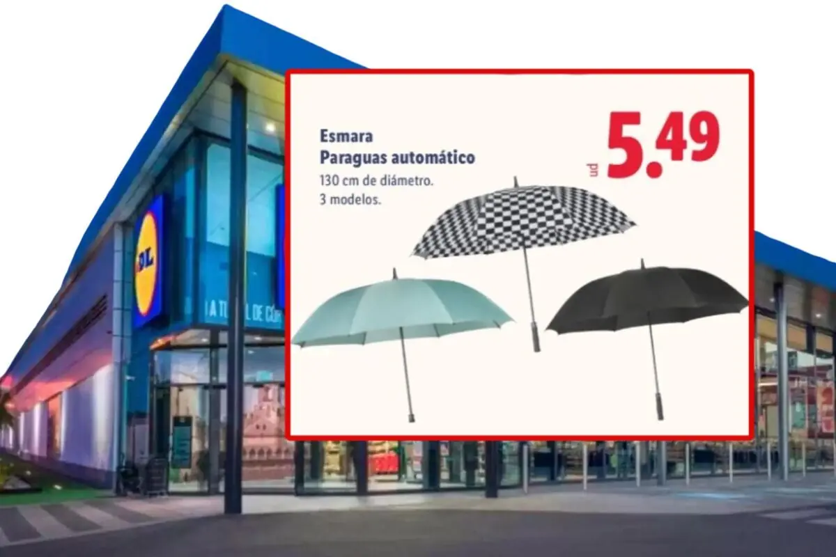 Oferta de paraguas automáticos Esmara de 130 cm en tres modelos con precio de 5,49 euros frente a un supermercado Lidl