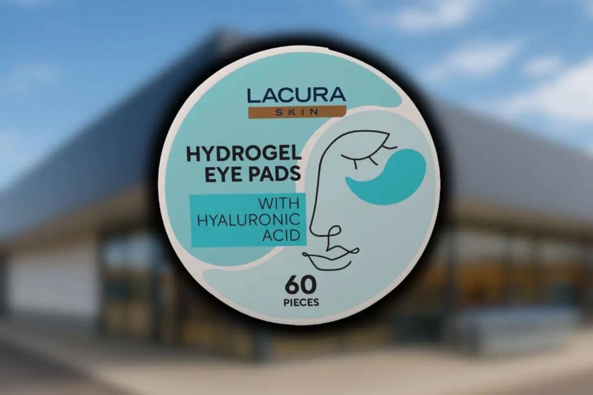 Envase redondo de parches de hidrogel para ojos Lacura Skin con ácido hialurónico ilustración minimalista de un rostro y texto que indica 60 piezas sobre un fondo de una tienda Aldi desenfocada.