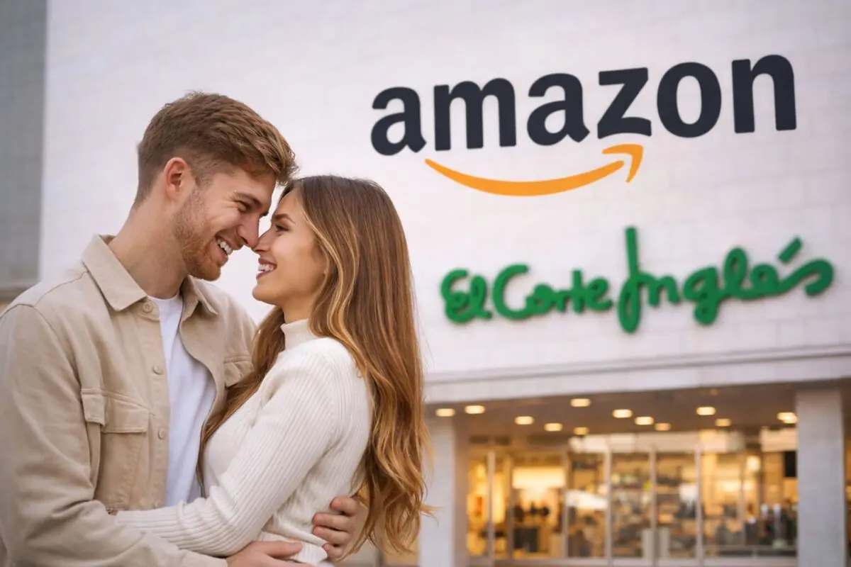 Pareja joven abrazada y sonriendo frente a una fachada comercial donde se ven los logotipos de Amazon y El Corte Inglés