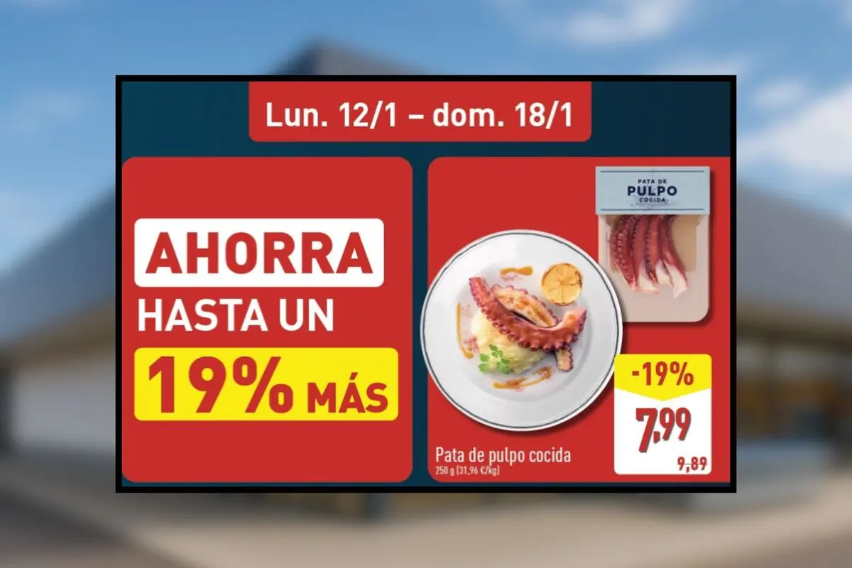 Oferta de supermercado de pata de pulpo cocida con descuento del 19 % y precio rebajado a 7,99 euros válida del lunes 12 de enero al domingo 18 de enero en Aldi.