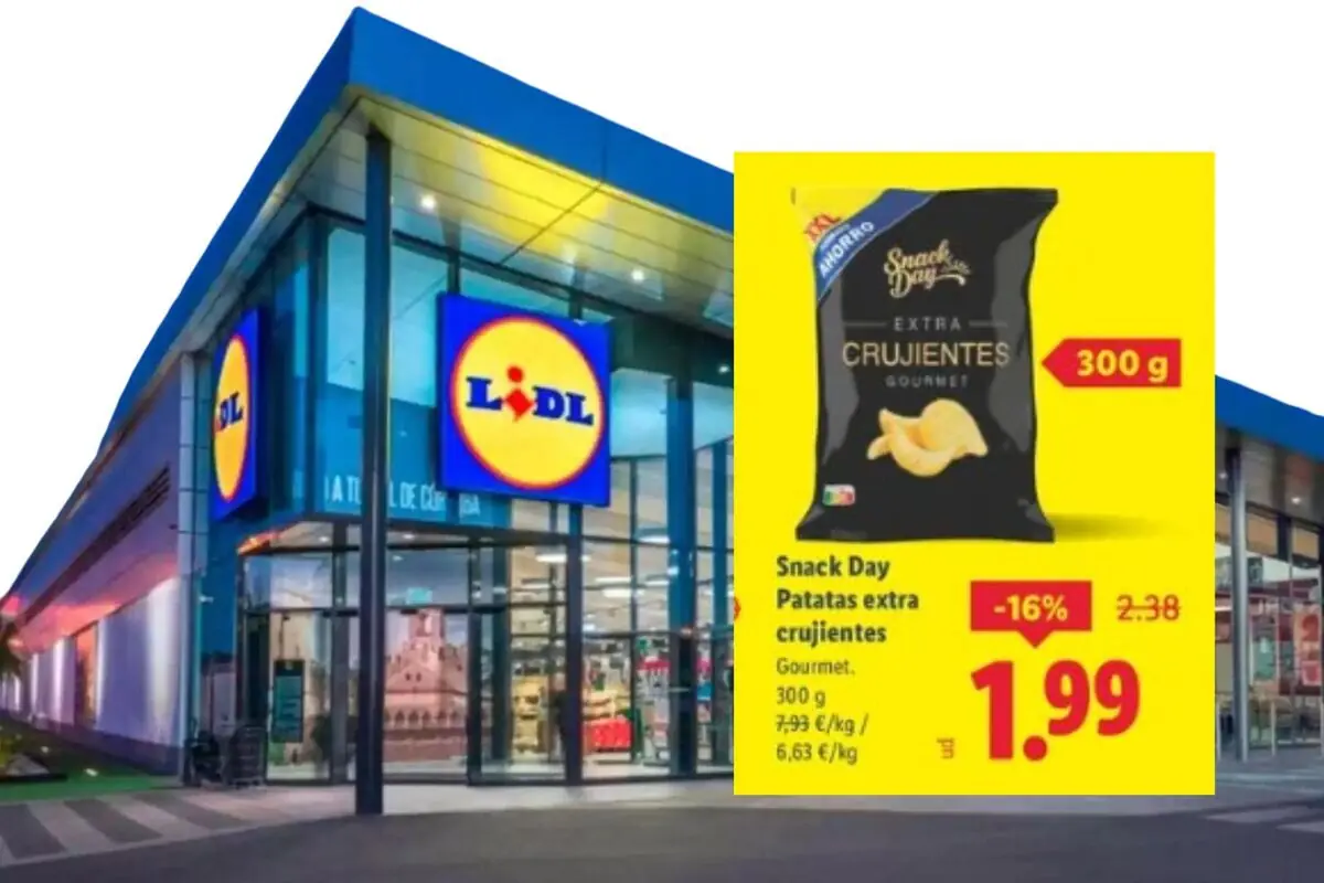 Lidl supermarket facade with an advertising sign for a special offer on 300-gram bags of extra crispy Snack Day potato chips for 1.99 euros
