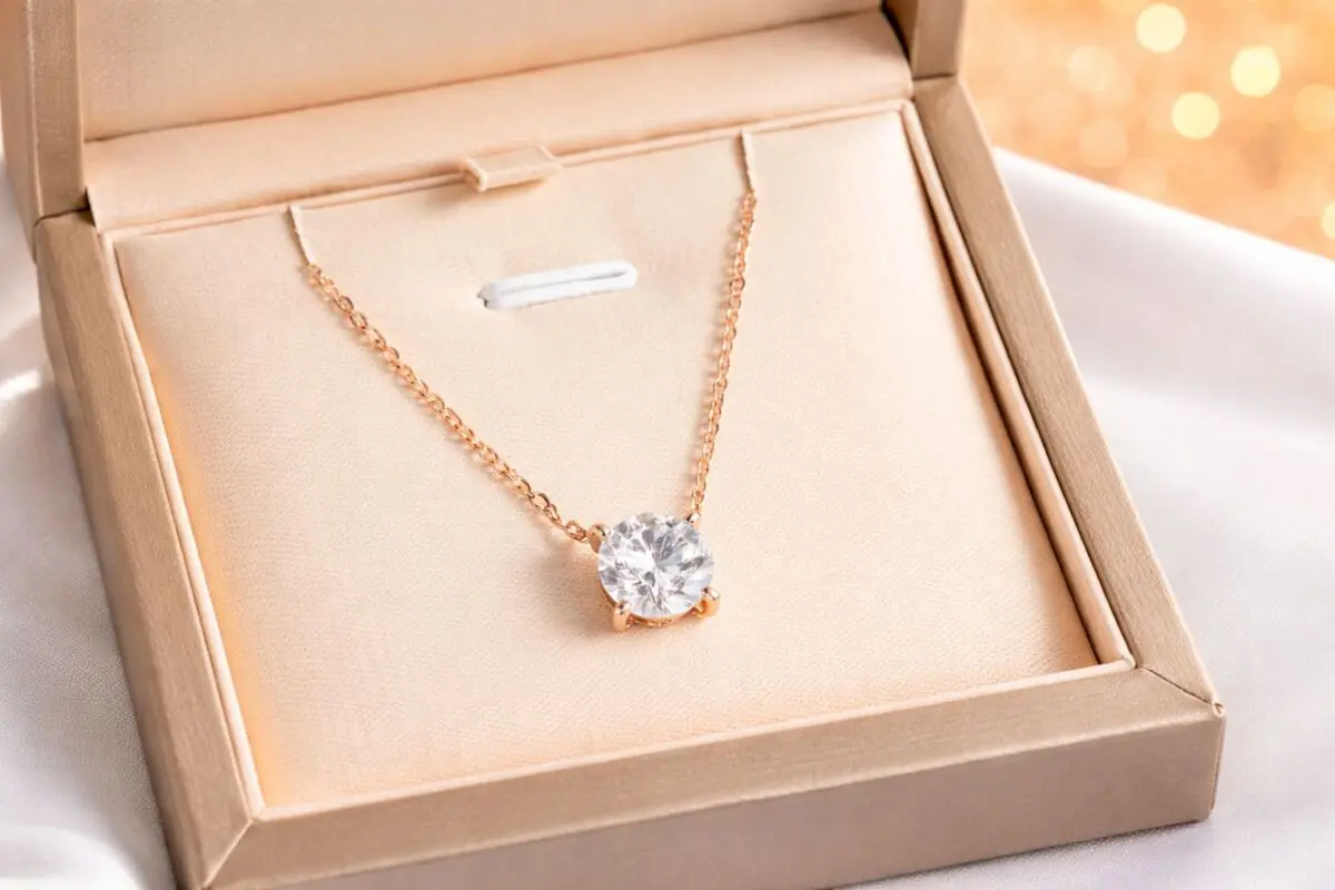 Collar de cadena dorada con colgante de brillante redondo presentado en una elegante caja de joyería beige