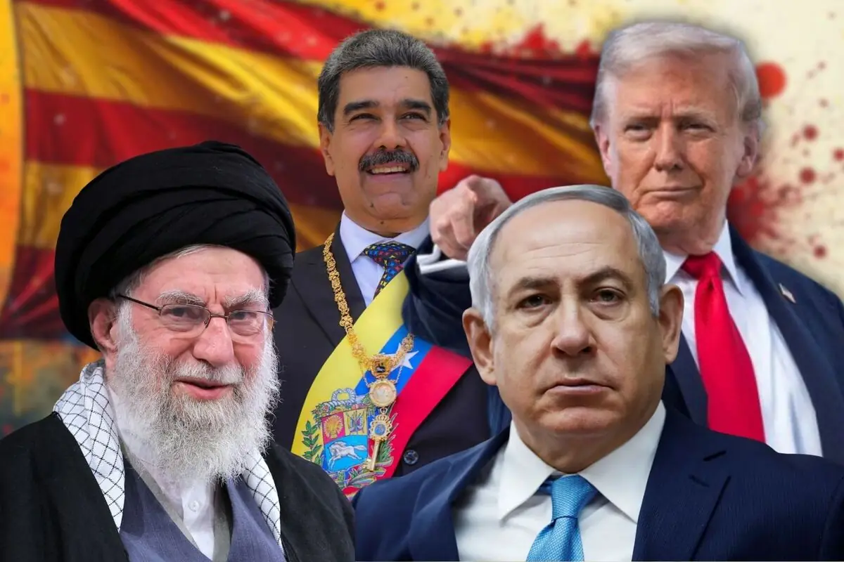 Muntatge de quatre líders polítics de diferents països posant amb gest seriós davant d’una bandera onejant de fons