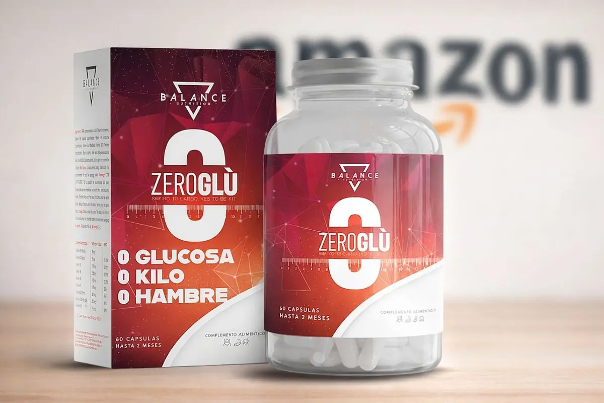 Envase y caja del suplemento alimenticio Zeroglü Balance Nutrition con diseño rojo y blanco que resalta el texto 0 glucosa 0 kilo 0 hambre sobre una mesa con fondo desenfocado
