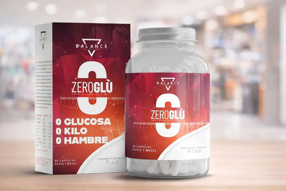 Envase y caja del suplemento alimenticio Zeroglü de Balance Nutrition con diseño rojo y blanco que destaca el texto 0 glucosa 0 kilo 0 hambre sobre una mesa en un entorno de tienda desenfocado