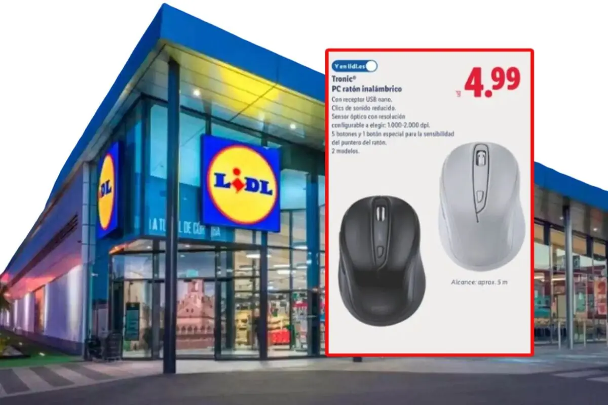 Fachada de un supermercado Lidl con un cartel publicitario que muestra un ratón inalámbrico para PC en oferta por 4,99 euros en dos colores negro y blanco