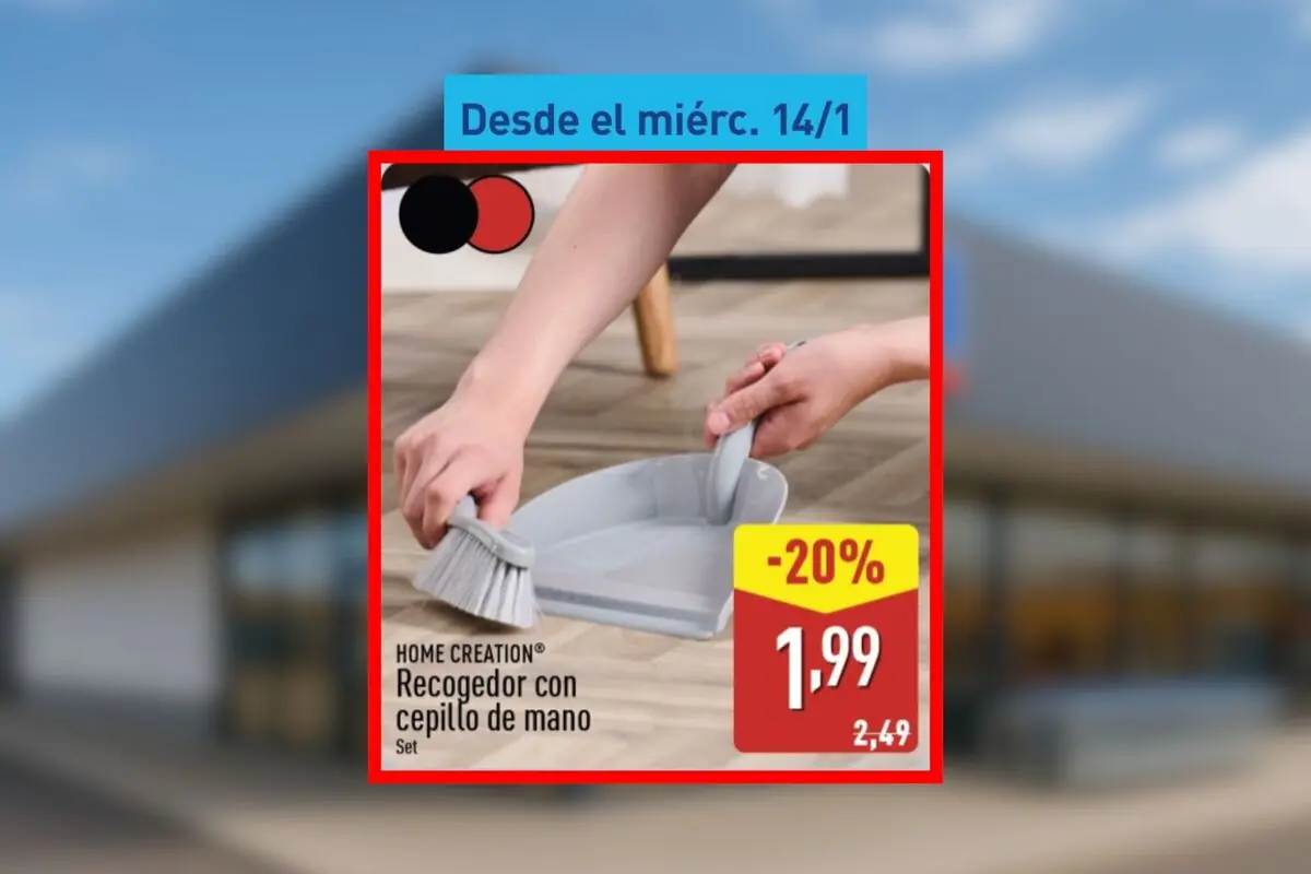 Oferta de recogedor con cepillo de mano Home Creation en color gris con descuento del 20 por ciento a 1,99 euros disponible desde el miércoles 14 de enero en Aldi.