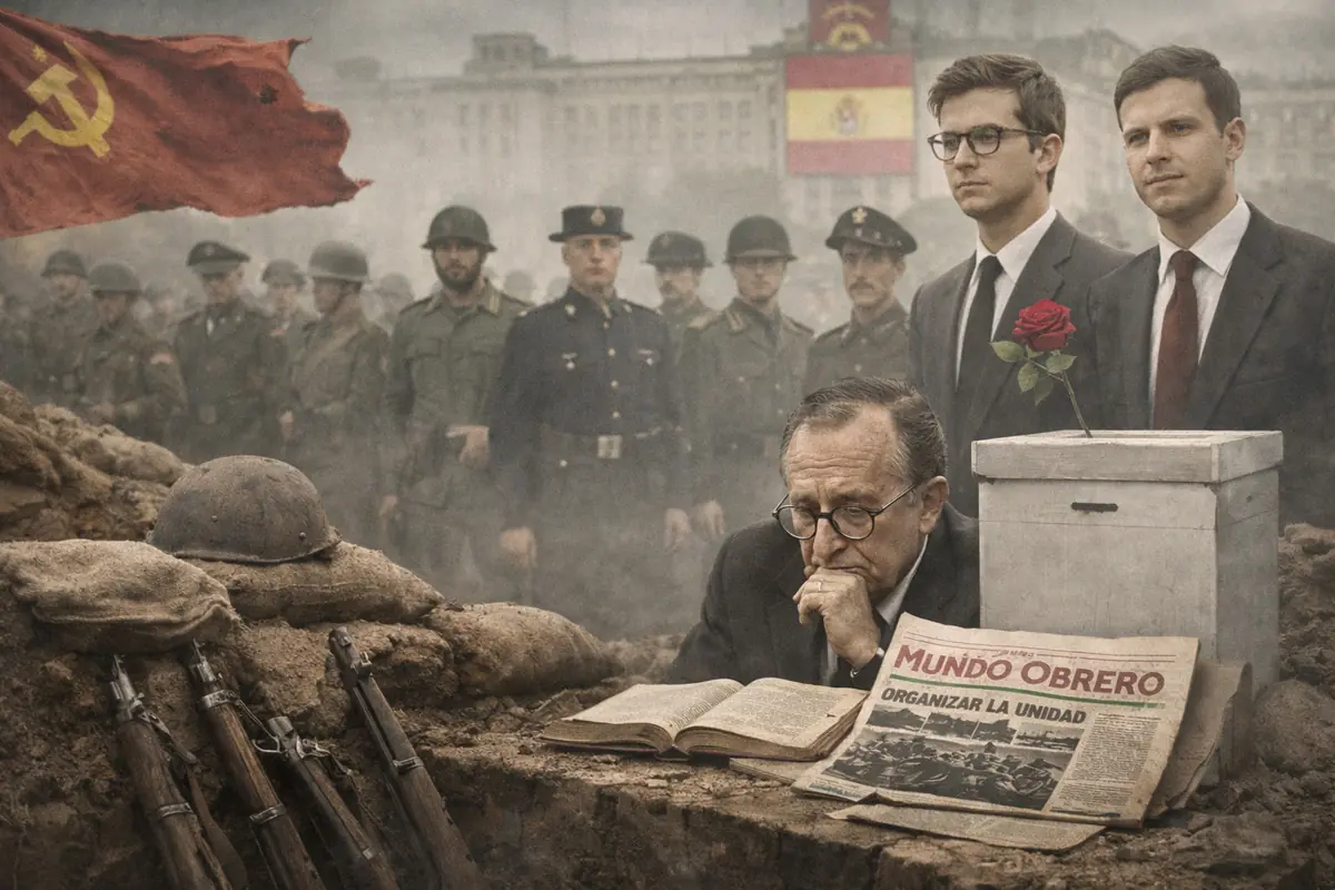 Home gran pensatiu en una trinxera llegint un llibre i un diari titulat Mundo Obrero al costat d’una urna amb una rosa vermella mentre al darrere s’alineen soldats i dos homes amb vestit davant de banderes comunista i espanyola en un ambient bèl·lic i gris.